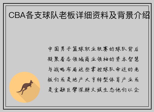 CBA各支球队老板详细资料及背景介绍