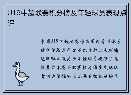 U19中超联赛积分榜及年轻球员表现点评