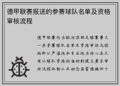 德甲联赛报送的参赛球队名单及资格审核流程